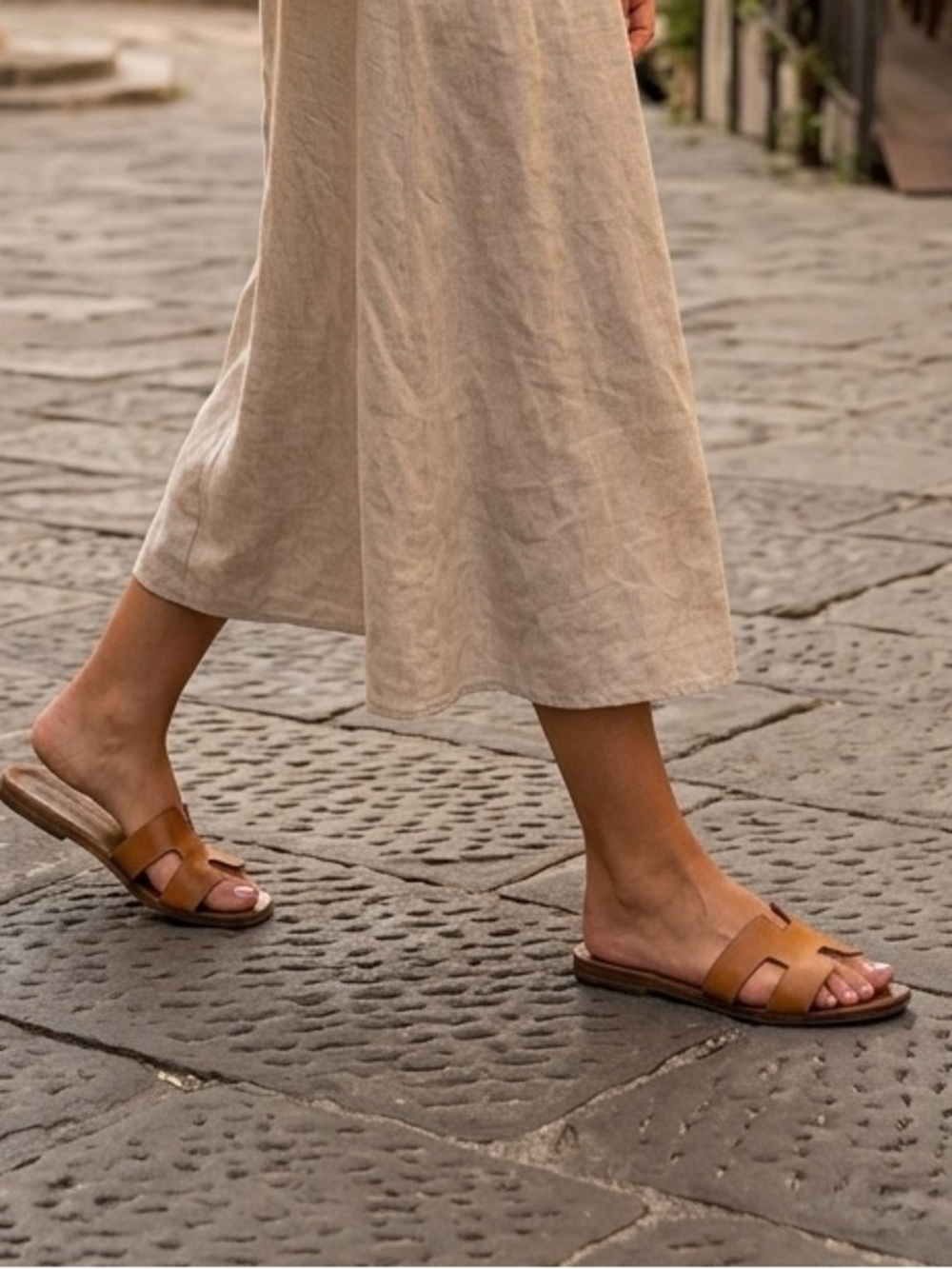 Brown Leather H Shape Slide Sandals - Classic Open-Toe